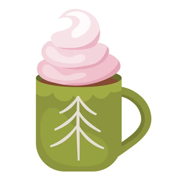 Bebida de Navidad cacao caliente con crema aislada sobre fondo blanco.Copa de Navidad con un símbolo de invierno para un invierno acogedor. Ilustración vectorial. — Vector de stock