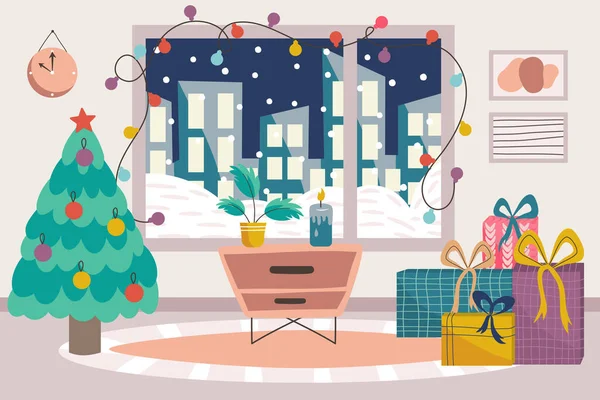 Interior de Navidad escandinavo con árbol de Navidad, mesita de noche y regalos. Acogedor invierno escandinavo, gran ventana con casas y alfombra de sala de estar. Ilustración vectorial — Vector de stock