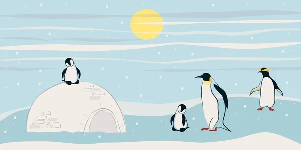 Banner Met Kudde Pinguïns Pinguïns Zijn Ouders Kuikens Landschappen Van — Stockvector