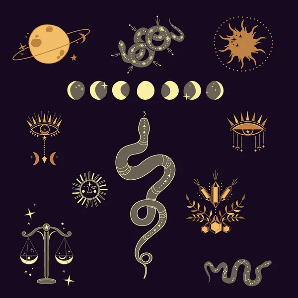 Ilustração Mística Celestial Dos Ícones Dos Cristais Lua Sol Libra —  Vetores de Stock