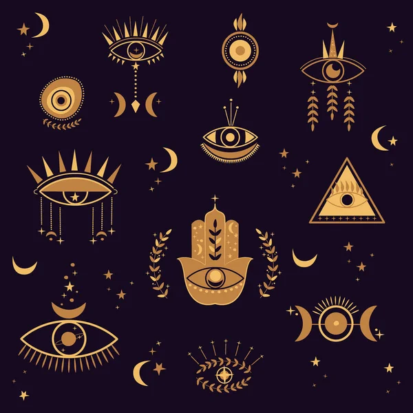 Set Evil Eyes Hamsa Fatima Amulet Celestial Style Bohemian Gypsy Vector Graphics