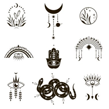 Göksel mistik semboller ve ay simgeleri, kristaller, kem gözler, yılan, gökkuşağı, siyah beyaz hamsa. Vektör, resimleme.