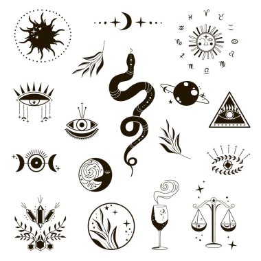 Göksel mistik semboller ve yılan, terazi, güneş, ay, kem göz, gezegen, kristal, şarap kadehi simgeleri siyah ve beyaz. Arka planda bohem çingene motifleri var. Vektör, resimleme.