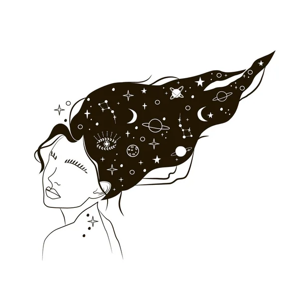 Женщина Длинными Волосами Луна Планеты Мифологии Мистические Иллюстрации Небесные Эзотерические — стоковый вектор