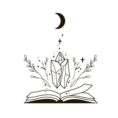 Kitap ve çiçekli mistik boho kristali. Esrarengiz nesneler - siyah ve beyaz vektör çizimi