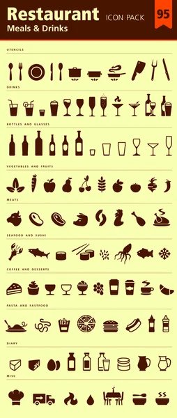 Pack icône restaurant 95 icônes repas et boissons — Image vectorielle