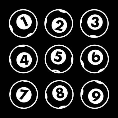 Beyaz Vector Ana Hattı Düz Piyango Topları 1 ile 9 numara arasında izole edilmiş.