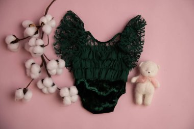 Oyuncak ve çiçekli yeni doğmuş giysiler fotoğraf için güzelce katlanmış bir konumda.