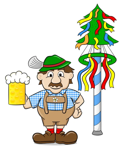 Bavarian con una cerveza y maypole — Vector de stock