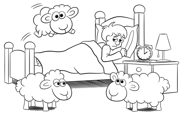 Pecore che saltano sul letto di un uomo insonne — Vettoriale Stock