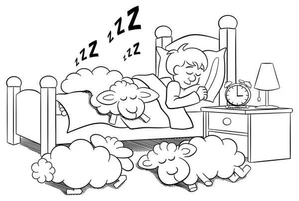 Овцы засыпают на кровати спящего человека — стоковый вектор