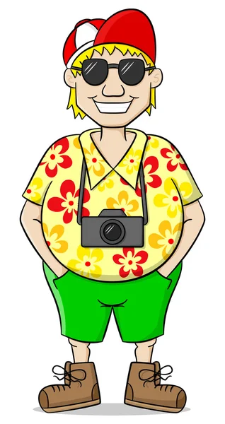 Tourist mit Kamera, Hemd und kurzer Hose — Stockvektor