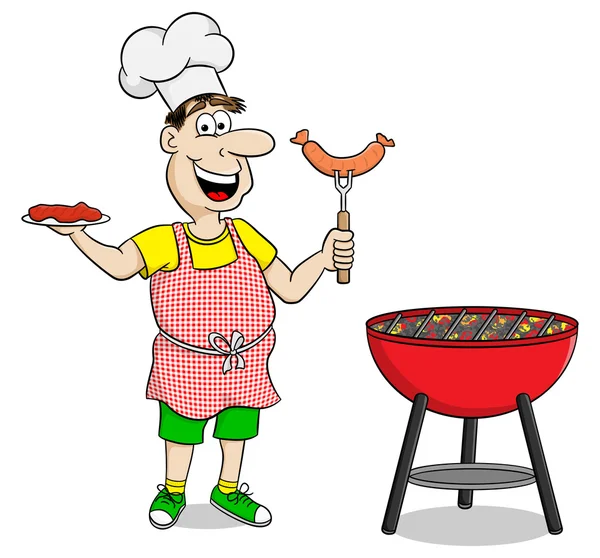 Homme avec tablier grillades steak et saucisses — Image vectorielle