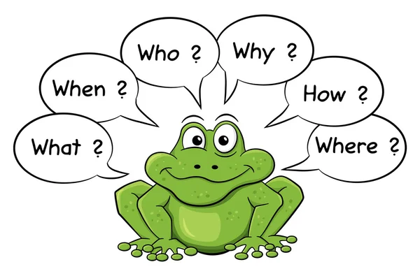 Green cartoon frog who asks questions — Stock Vector