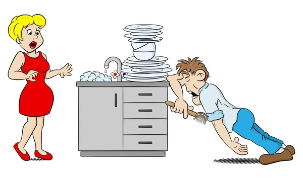 Мужчина моет посуду в воздухе — стоковый вектор