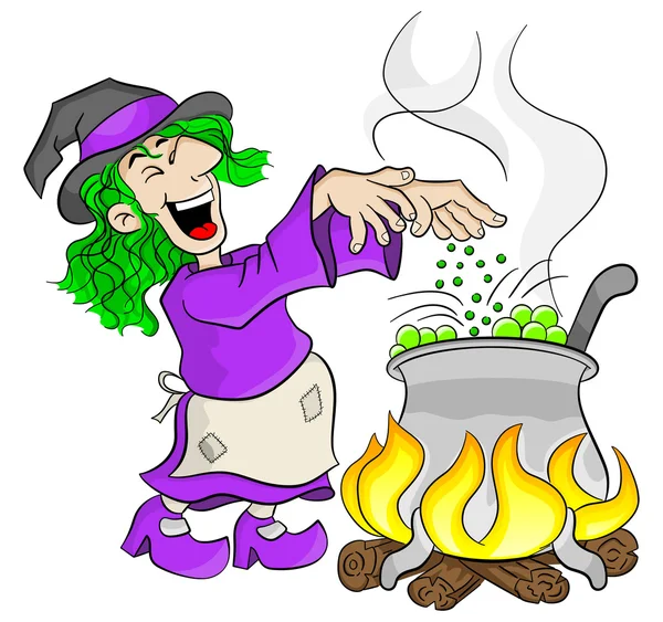 Μάγισσα μαγείρεμα ένα μαγικό φίλτρο στο καζάνι — Διανυσματικό Αρχείο