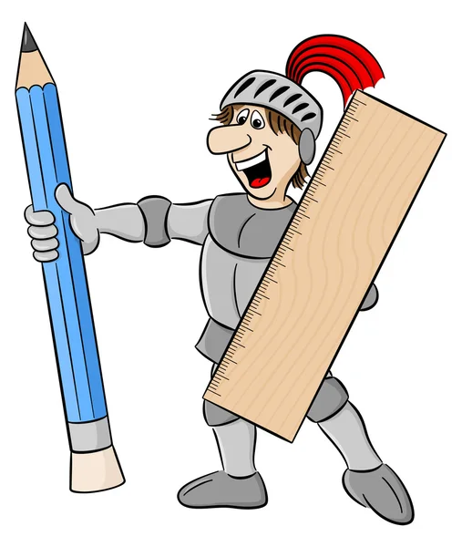 Petit chevalier armé avec crayon et règle — Image vectorielle