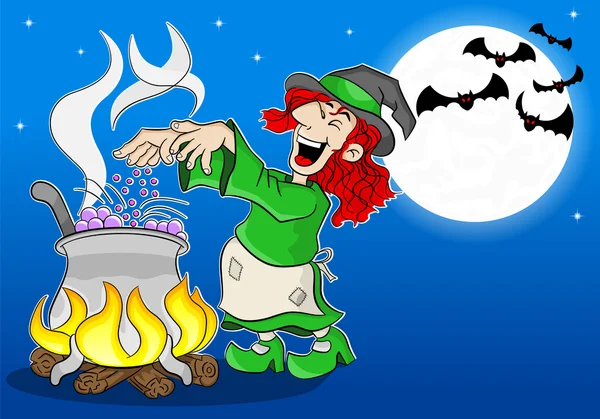Witch cooking a magic potion in the cauldron — Stock Vector