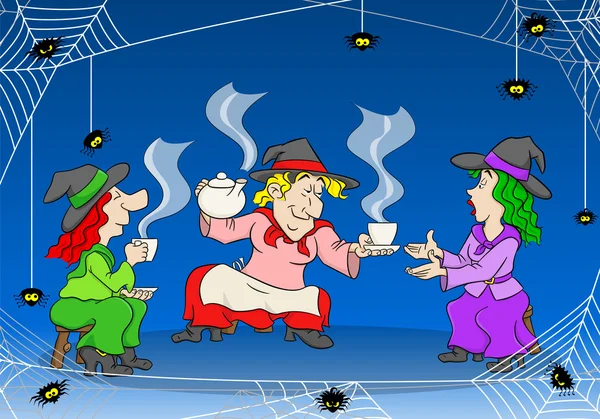 Hexen feiern eine Halloween-Party mit Zaubertrank — Stockvektor