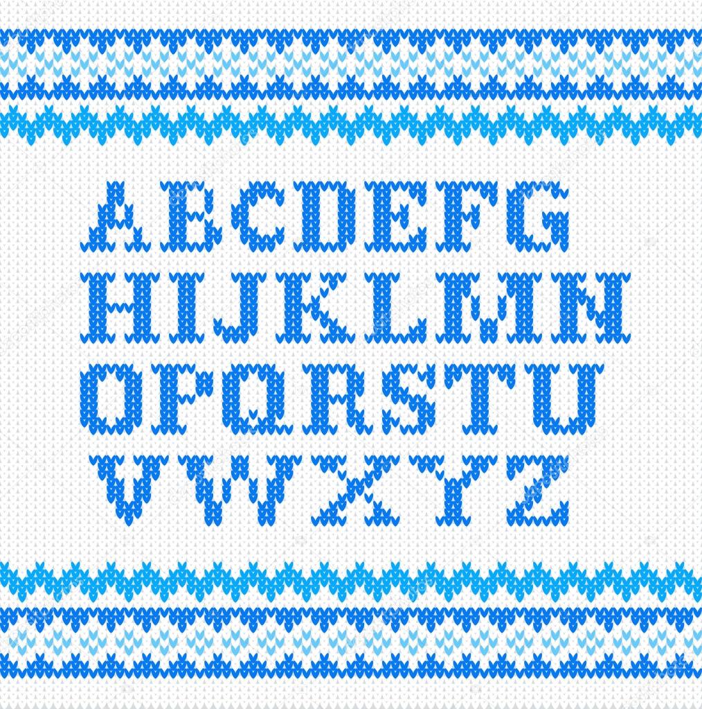blue knitting alphabet on white background
