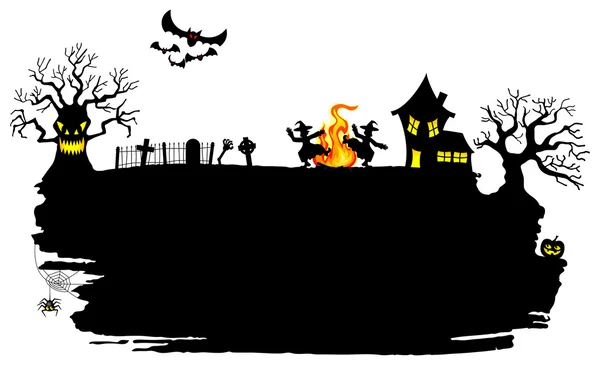 Ведьма танцует вокруг огня на Хэллоуин — стоковый вектор
