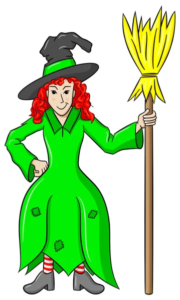 Witch holding a broom on white background — Stock Vector