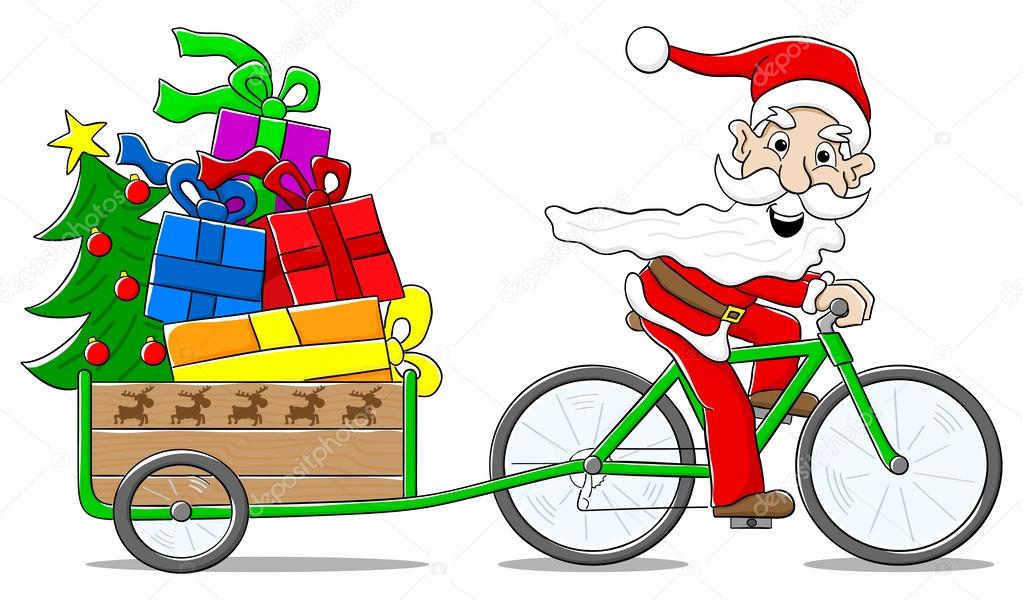 santa claus on bicycle delivering christmas gifts