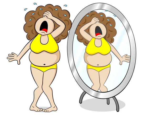 Overweight woman cries in front of a mirror — Stock Vector