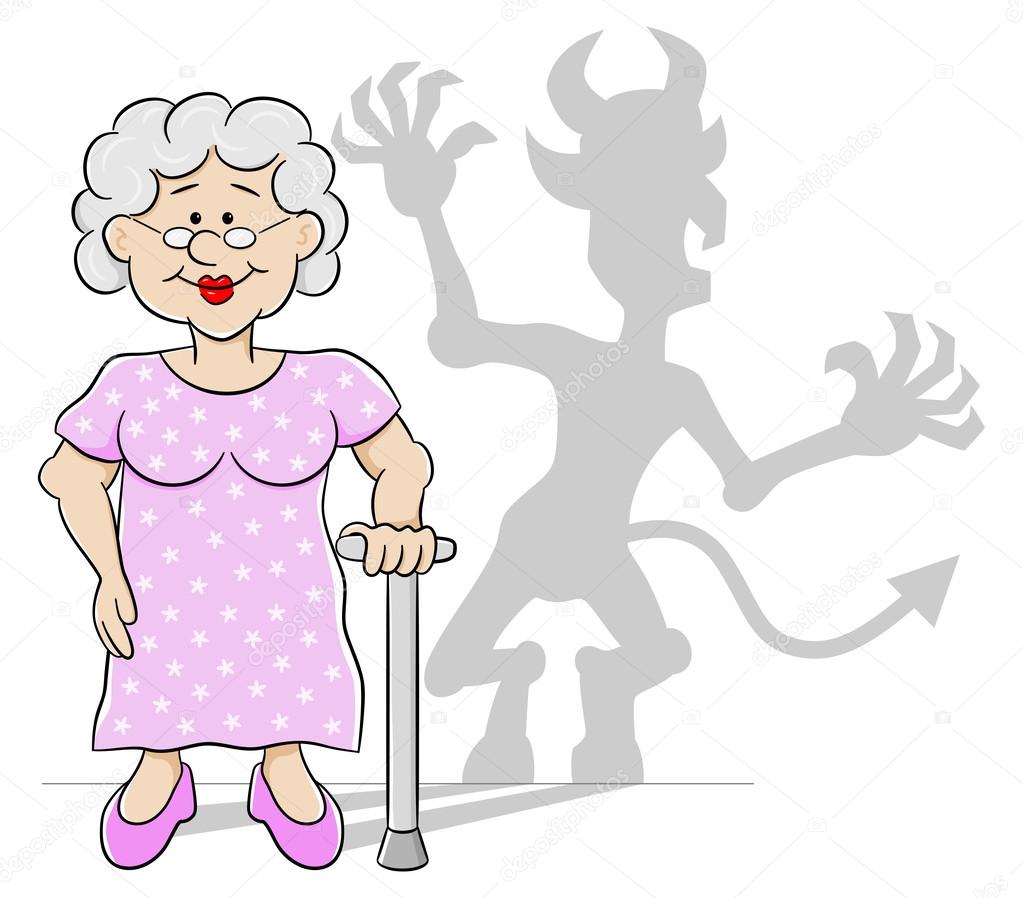 old woman with her devil shadow