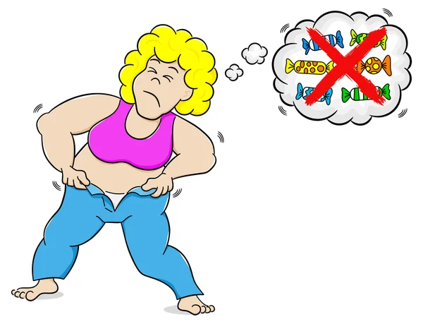 Mujer con sobrepeso pensando en una dieta sin dulces — Vector de stock