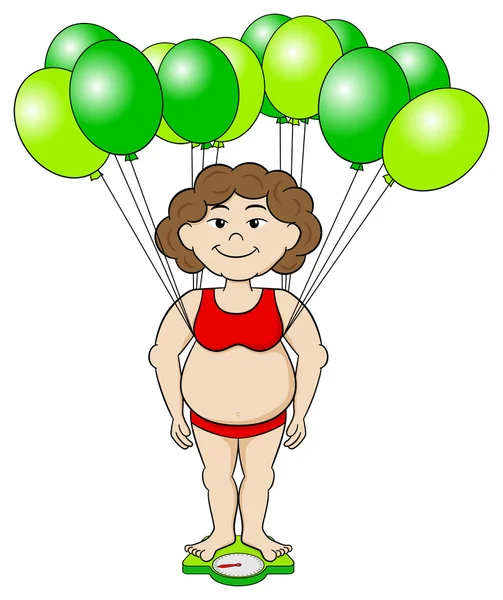 Υπέρβαρη γυναίκα ξεγελάει κλίμακα μπάνιο με μπαλόνια — Διανυσματικό Αρχείο
