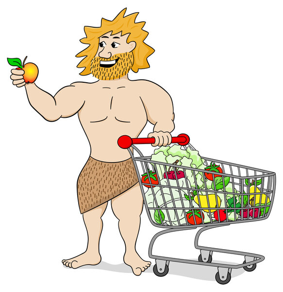 caveman with shopping cart filled with fruit and vegetables