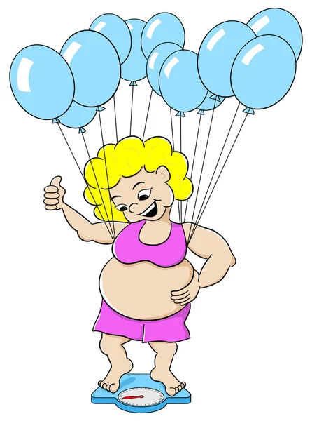 Mujer con sobrepeso supera a una báscula de baño con globos — Archivo Imágenes Vectoriales