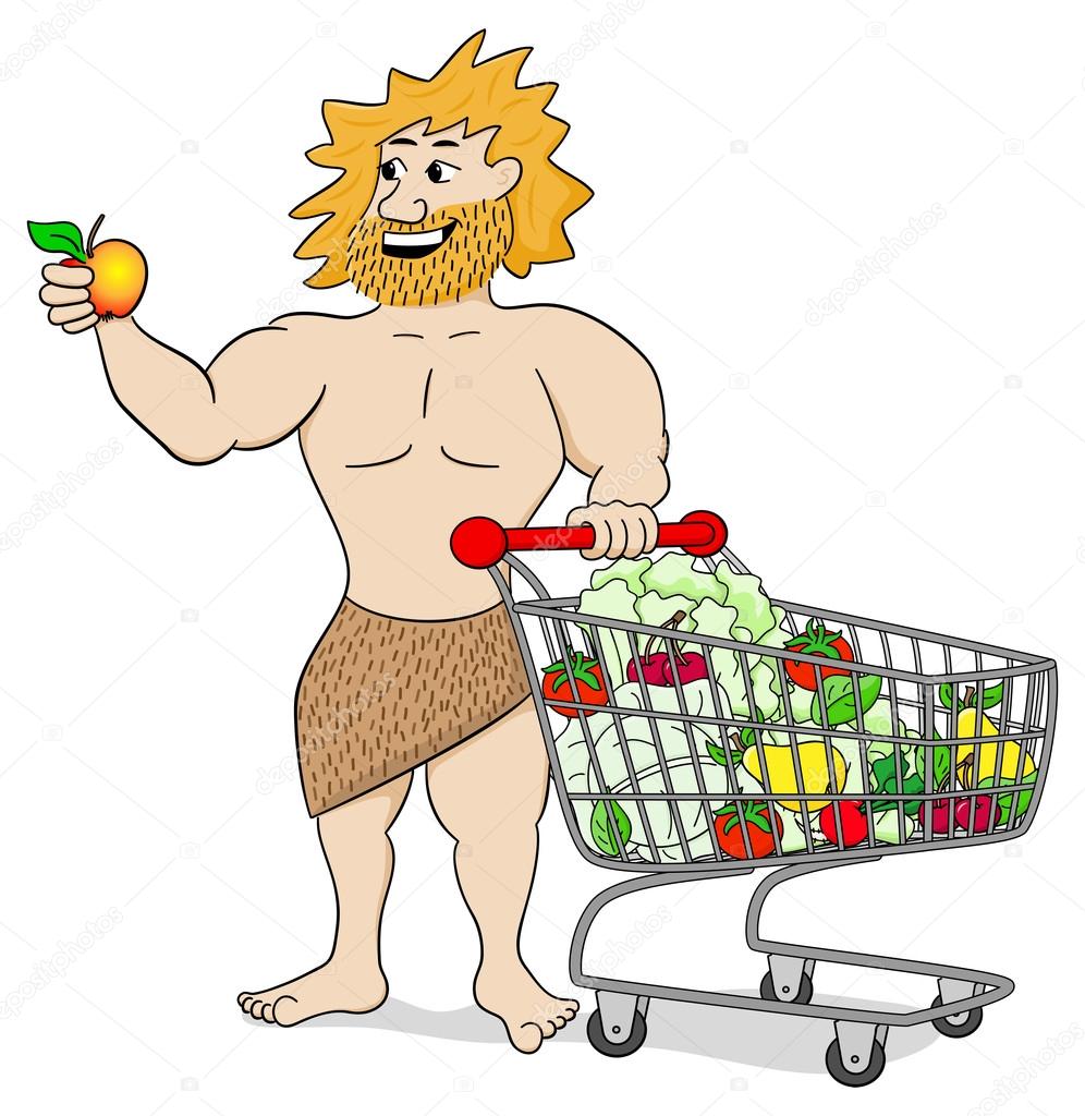 caveman with shopping cart filled with fruit and vegetables