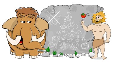 mammoth explains paleo diet using a food pyramid drawn on stone clipart