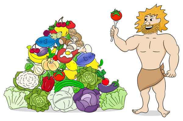 caveman with paleo food pyramid