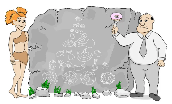 Jaskinia kobieta wyjaśnia paleo dieta za pomocą piramidy żywieniowej, rysowane na sto — Wektor stockowy