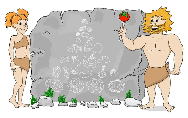 Cave woman explains paleo diet using a food pyramid drawn on sto — Stock Vector