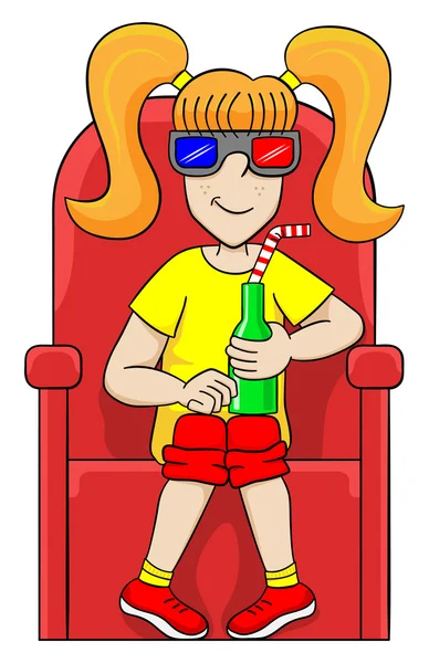 Girl is watching a 3D movie in a cinema — Stock Vector