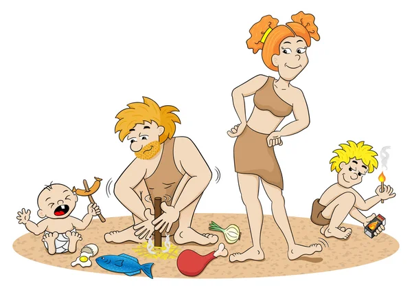 Stone age family making fire — Stock Vector