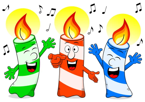 Velas de aniversário de desenhos animados cantando uma canção de aniversário — Vetor de Stock