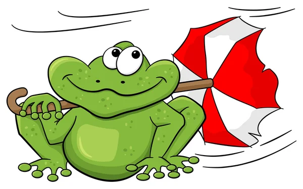 Żaba z parasolem siedzi w burzy — Wektor stockowy