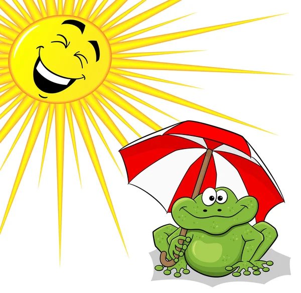 Cartoon-Frosch mit Sonnenschirm und Sonne — Stockvektor