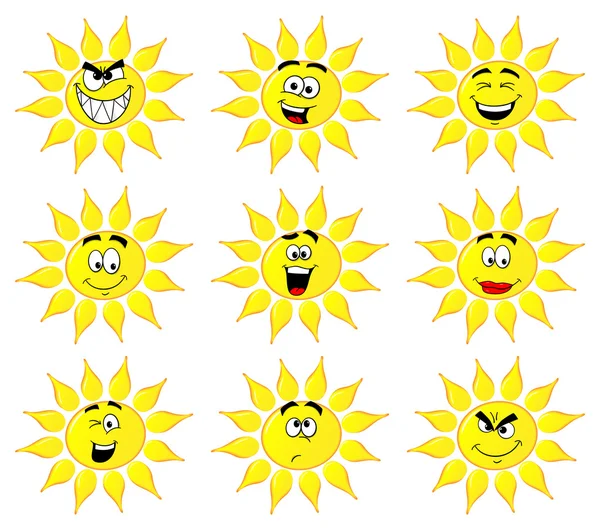 Dibujos animados del sol con muchas caras aisladas sobre fondo blanco — Vector de stock