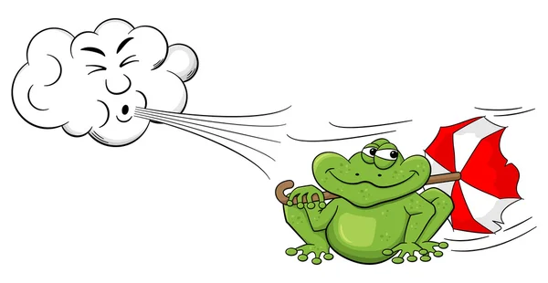 Γελοιογραφία σύννεφο φυσά αέρα σε ένα βάτραχο με ομπρέλα — Διανυσματικό Αρχείο
