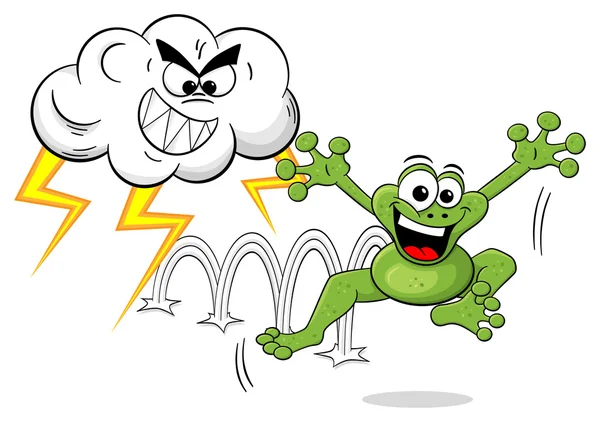 Cartoon frog escapes a thunderstorm — Stock Vector