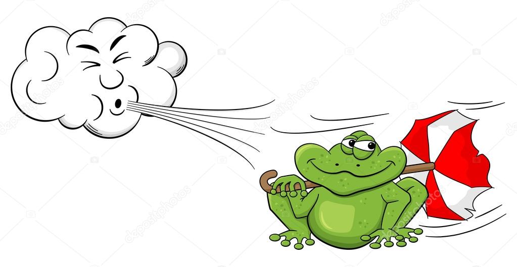 cartoon cloud blowing wind on a frog with umbrella