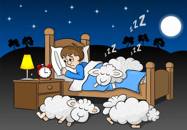 Sheep fall asleep on the bed of a sleepless man — Stock Vector