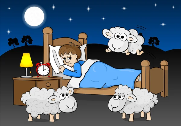 Sheep jumping over the bed of a sleepless man — Stock Vector