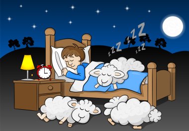 sheep fall asleep on the bed of a sleeping man clipart
